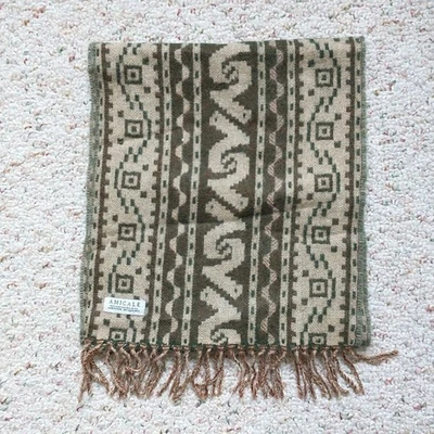 Amicale Scarf Cream Brown 100%Mercerized Wool Ethnic Geometric Fringes Unisex - Image 1 of 4