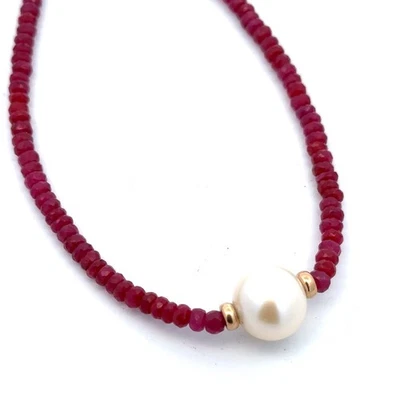 Sparkling Designer 14k Yellow Gold Round Pearl Beaded Ruby Statement Necklace - Image 1 of 4