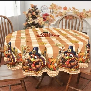 Thanksgiving Little Turkey Round Fabric Tablecloth 60” Multicolor Festive NIP - Picture 1 of 7