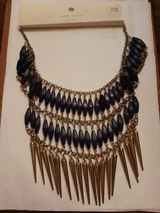 BNWT Statement Beaded Necklace Layered Bib Spike Gold/Indigo Colour New Look GB - Picture 1 of 3