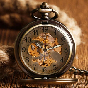 Bronze Men Automatic Mechanical Pocket Watch Arabic Number Dial with 30CM Chain - Picture 1 of 12