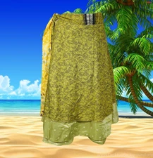 Women Green Handmade Floral skirt, Recycled Sari Silk Knee Length Wrap One Size