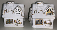 Vintage Home Decor Candle Holder House snowman Christmas White Gold Pair Of Two