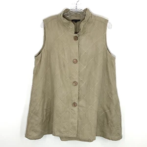 John Mark Vest Women L Beige Linen Embroidery Buttons Pockets Sleeveless Artsy - Picture 1 of 13