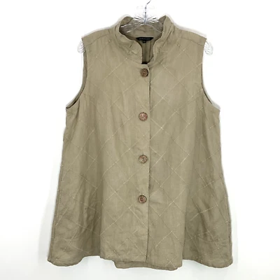 John Mark Vest Women L Beige Linen Embroidery Buttons Pockets Sleeveless Artsy - Image 1 of 4