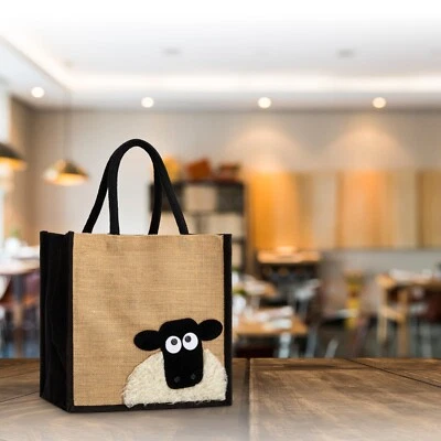COOCOO Medium Jute Hessian Animal Black Trim Shopping Bag - Peekaboo Sheep Design