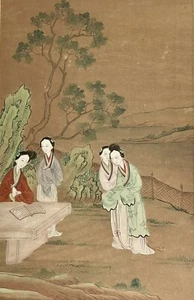 Original 19th C. Chinese Art Ladies In A Tranquil Landscape Antique Painting Exc - Picture 1 of 7