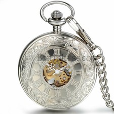 Portable Hand-winding Mechanical Skeleton Roman Numberals Carved Pocket Watch