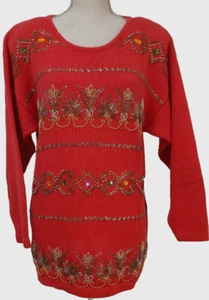 Vintage Victoria Harbour Sweater NWT Women's L Large Long Sleeve Beaded Red UGLY - Picture 1 of 10