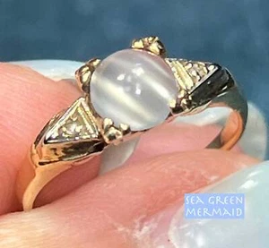 14k White Gold Cats-Eye MOONSTONE + Diamond Deco Ring *Video* - Picture 1 of 12
