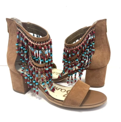SAM EDELMAN SIBEL Beaded Fringe Back Zip Block Heel Suede Gladiator Sandal 8 - Image 1 of 4