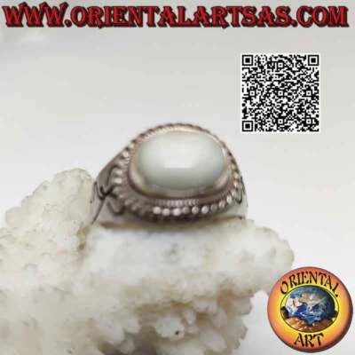 Anello in argento 925 ‰ opale naturale ovale cabochon contornato da intreccio e  - Immagine 1 di 4