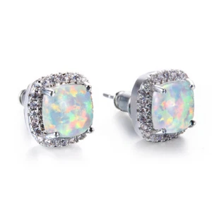 European Classical Square Cut White Fire Opal Gemstone Silver Stud Hook Earrings - Picture 1 of 6
