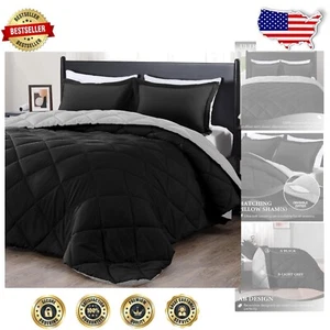 Machine Washable Twin Comforter Set - Soft Black & Grey Bedding for All Seasons - Picture 1 of 8