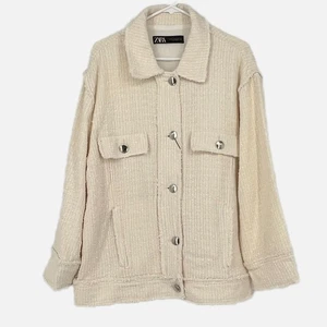Zara Tweed Frayed Hem Overshirt in Cream Size XXL - Picture 1 of 14