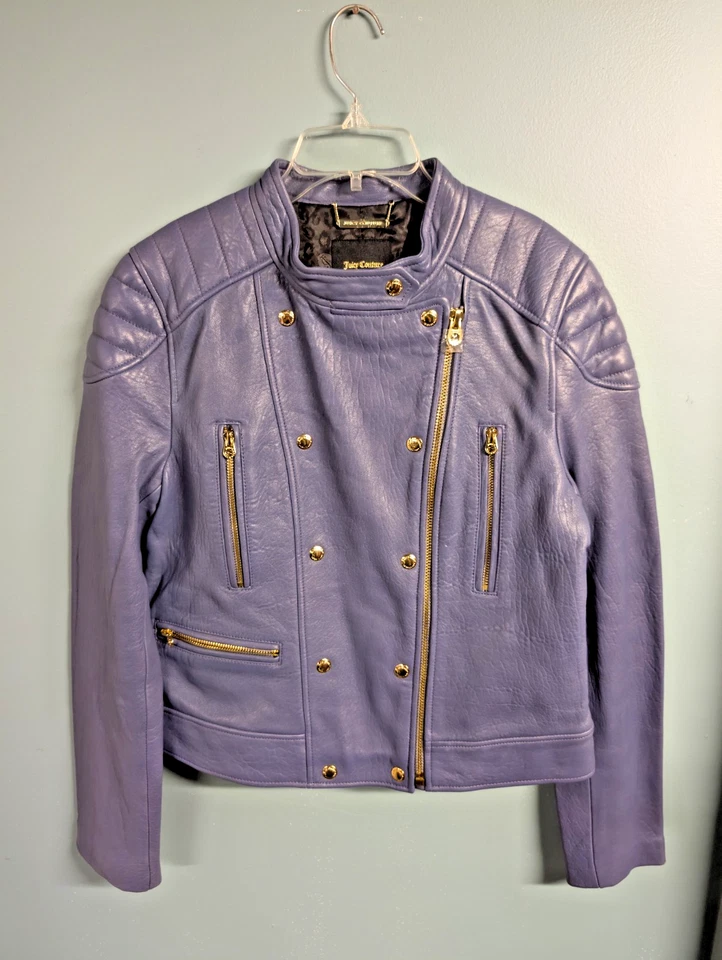 Chaqueta de moto de cuero real púrpura lila Juicy Couture talla L Foto 1 de 4