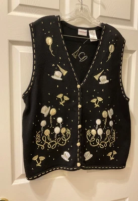 Bobbie Brooks 复古除夕主题背心黑色金属金色银色 XL 码 — 第 1/4 张图片