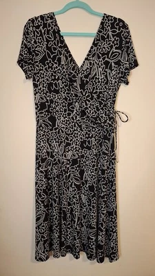 NWT Coldwater Creek Women's 14 Floral Midi Dress Black & Cream V-Neck Faux Wrap - Image 1 of 4
