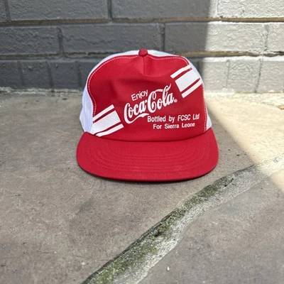 Vtg Coca Cola Hat 3 Stripe Snapback Trucker Mesh Hat Cap 80s Rare Lightweight - Image 1 of 4