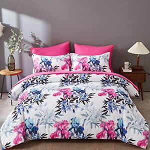 ZEIMON 7 Piece Bed in A Bag Queen Floral Comforter Set, Pink and Blue Botanical