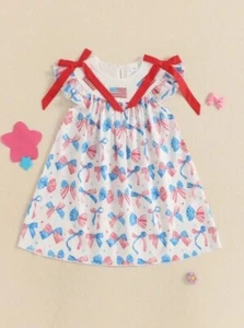 NEW 4th of July Patriotic Flag & Bows Girls Sleeveless Smocked Embroidered Dress - Picture 1 of 13