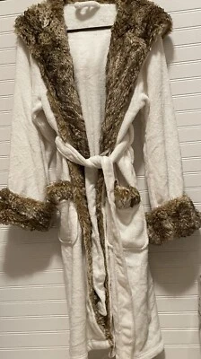 Pottery Barn Faux Fur Super Soft White & Brown Hooded Robe Women’s Size Medium - Image 1 of 4
