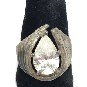 Vintage Sterling Silver Open Textured Design & Teardrop Cut CZ Ring sz 7 - Picture 1 of 12