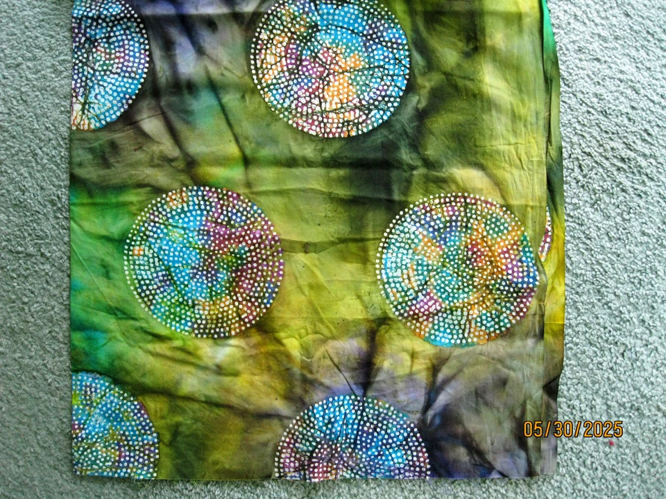 Batik? Shades of green with circles of multi-color background with white dots - Image 1 of 1