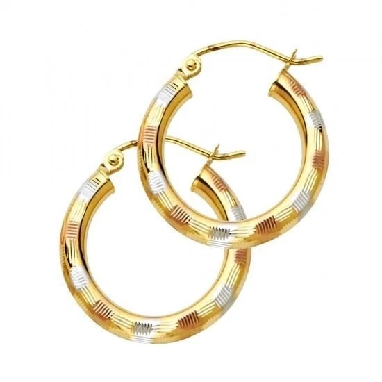 14K Solid Tri color Italian Gold Three Tone 3mm Diamond Cut Hoop Earrings 20 mm - Image 1 of 1