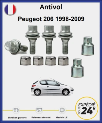 FARAD Ecrous antivol de roues Peugeot 206 1998-2009 (4 écrous + 2 clefs + 4 caches)