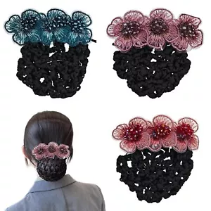 Flower Hair Bun Clip Cover Net Snood Hair Barrette for Women Thick Thin Hairnet - Picture 1 of 7