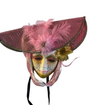 Masquerade Mask PINK Hat Strap Feather WHITE FACE Costume Halloween Mardi Gras - Image 1 of 2