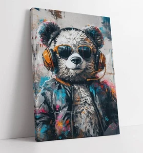 CUFFIE ORSO CARINO CHE INDOSSA DIVERTENTI GRAFFITI DECORAZIONE TELA WALL ART QUADRO STAMPA - Foto 1 di 2