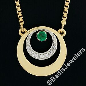 18K Gold .19ct Emerald & Diamond Concentric Circle Pendant w/ Box Chain Necklace