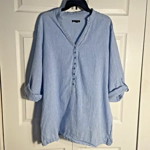 For Cynthia Shirt Women 2X Blue Linen Blend Popover Roll Tab Sleeves Tunic Top - Picture 1 of 10