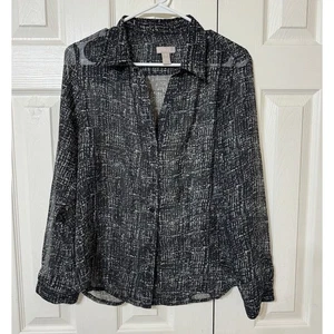 Chico's Womens Shirt Button Up Black Abstract Sheer Long Sleeve Blouse Top SZ 1 - Picture 1 of 5