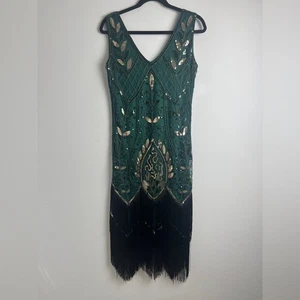 Fundaisy Emerald Green Beaded Fringe Sleeveless Gatsby Flapper 20s Dress Size M - Picture 1 of 10