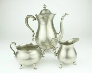 Pewter by Poole Teapot Coffee Pot Sugar Bowl Creamer Metal Set Vintage 2225 2226 - Picture 1 of 12