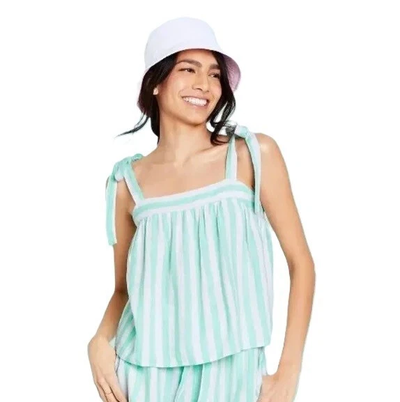 Stoney Clover Women's Sz XL Linen Blend Tank Top Mint Striped Tie Straps