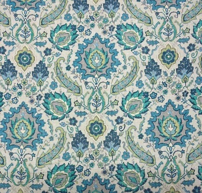 COVINGTON BURSA 521 AQUAMARINE FLORAL LEAF MEDALLION LINEN FABRIC BY YARD 54"W - Image 1 of 4
