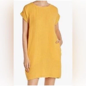 Eileen Fisher SZ Small Marigold Yellow Organic Cotton Gauze Shift Dress Pockets - Picture 1 of 10