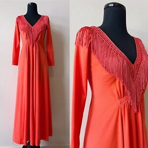 Vintage 70s Fringe Neckline Maxi Dress M Long Sleeves Orange Boho Hippie