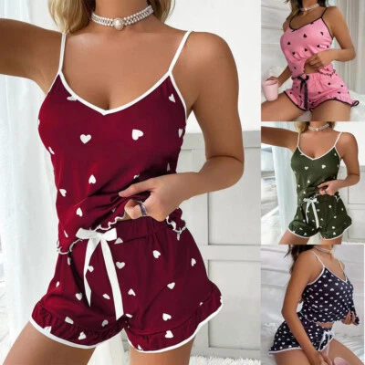 Femmes Dames Satin Soie Dentelle Gilet Cami Shorts Lingerie Pyjamas Ensemble / - Photo 1/4