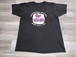 Vintage 70s Woodstock Festival 1969 T-Shirt Single Stitch Sun Faded Black Size L - Picture 1 of 8