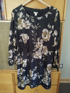 J Crew Damen Kleid 14 schwarz Blumendruck Polyester Langarm gerades Knie Len - Bild 1 von 3