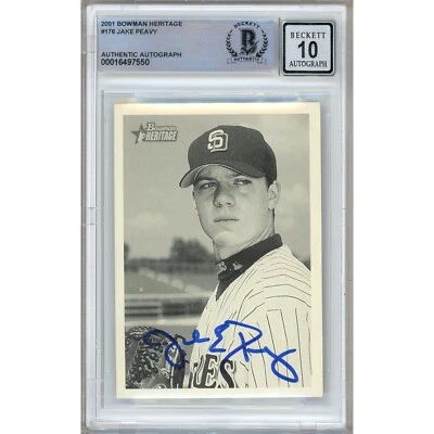 Jake Peavy Signed 2001 Bowman Heritage #176 Card RC Beckett AUTO 10 Slab Padres - Image 1 of 4