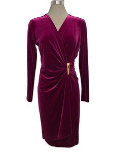 Abito tubino Calvin Klein elegante viola velluto finto avvolgente easy fit nuovo taglia 6 - Foto 1 di 5