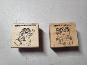 Lot of 2 Cathy Comic Strip Rubber Stamps Stressed for Success Shopaholic Used - Picture 1 of 2
