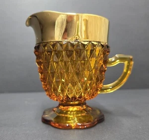 Vtg Indiana Glass Amber Diamond Point Pedestal Creamer Pitcher Vase Gold Trim - Picture 1 of 10