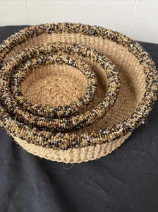 Handmade African Nesting Baskets Set of 3 Beaded Sisal Baskets Natural/Brown - Picture 1 of 12